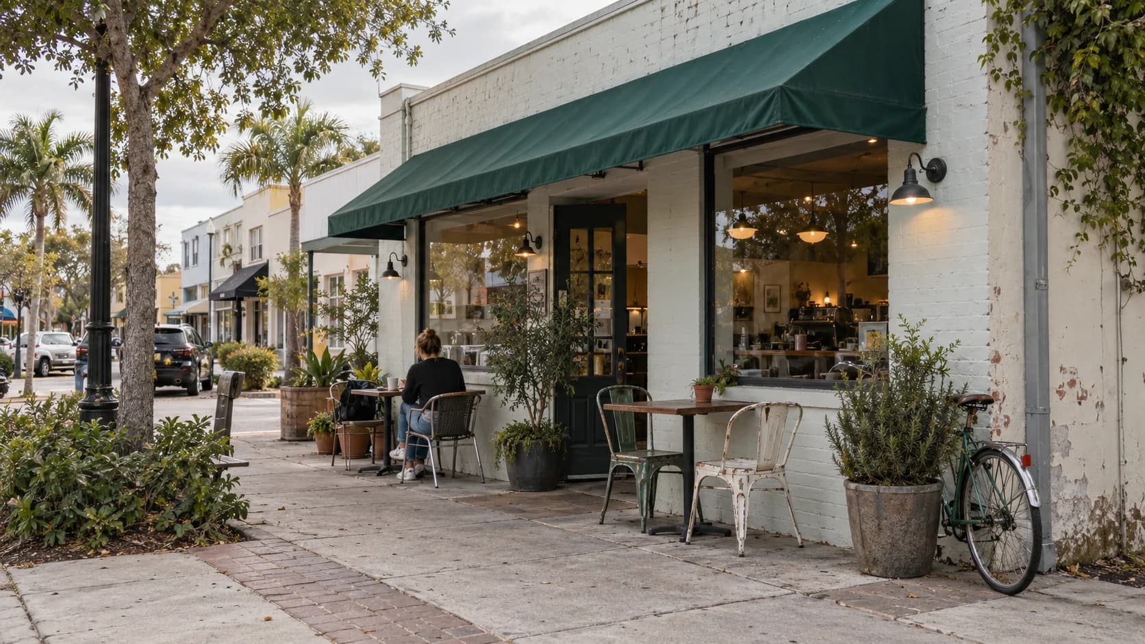Illustrative scene of a neighborhood café with sidewalk seating