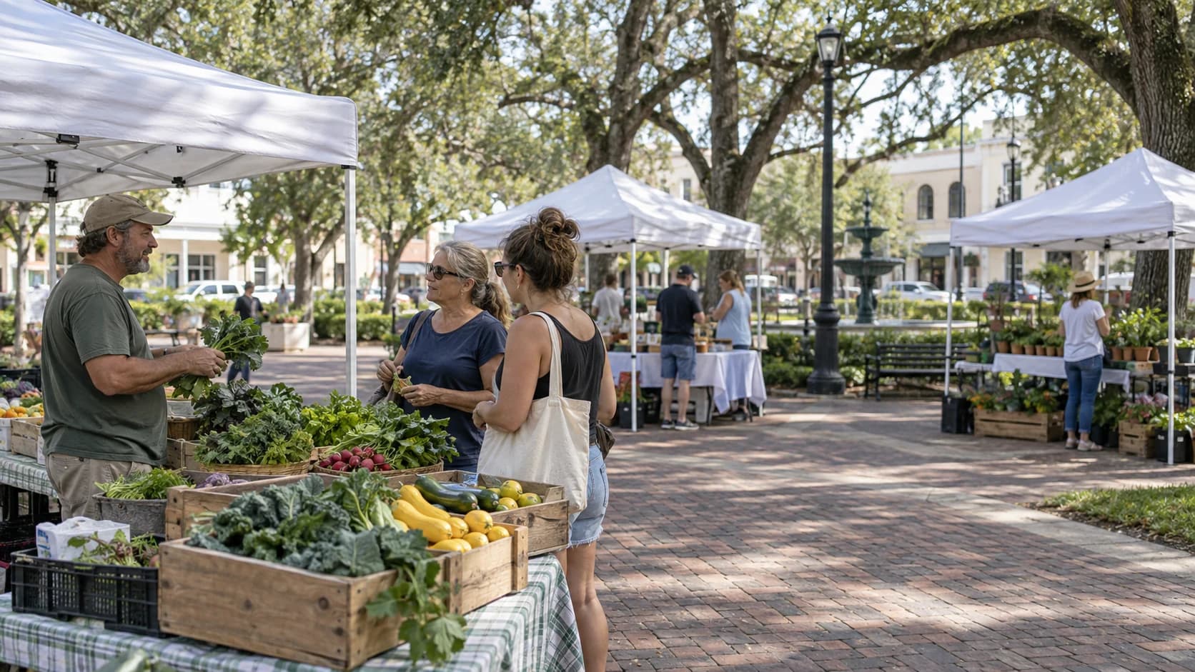 Illustrative scene of neighbors browsing a weekend produce market