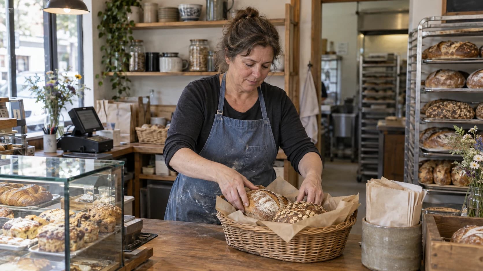 Illustrative scene of a bakery owner arranging bread