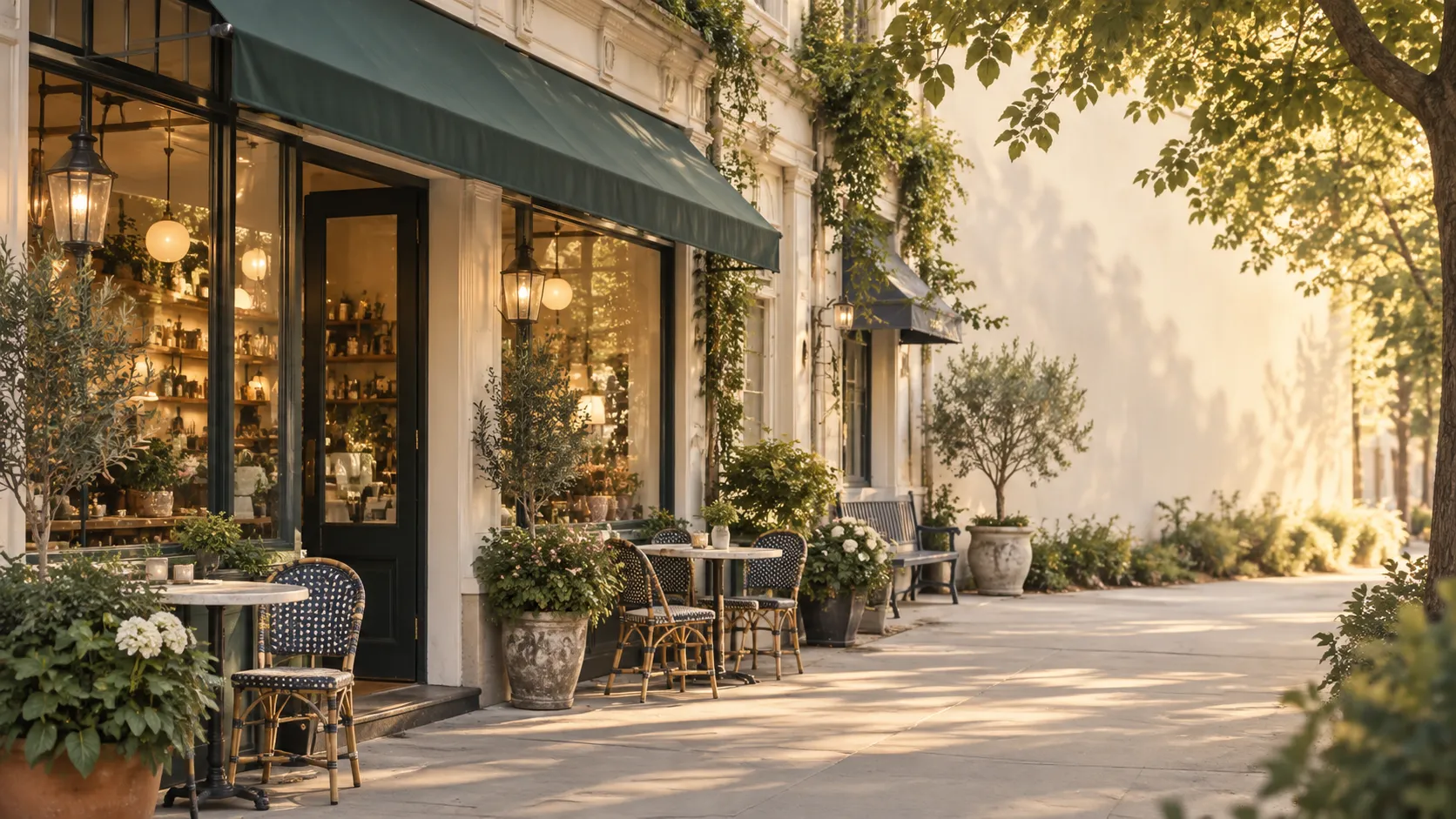 Sunlit café terrace with green awnings and outdoor seating